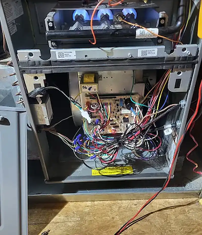 Gas furnace burners and control board with the service door open